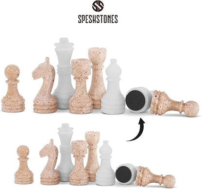 Marble Chess Set 15 Inch Handmade White &amp Travertine Luxury Board Games for Adults Elegant Table top Board Game Travel Chess Pieces &amp Storage Box for Gifts &amp Home Decor