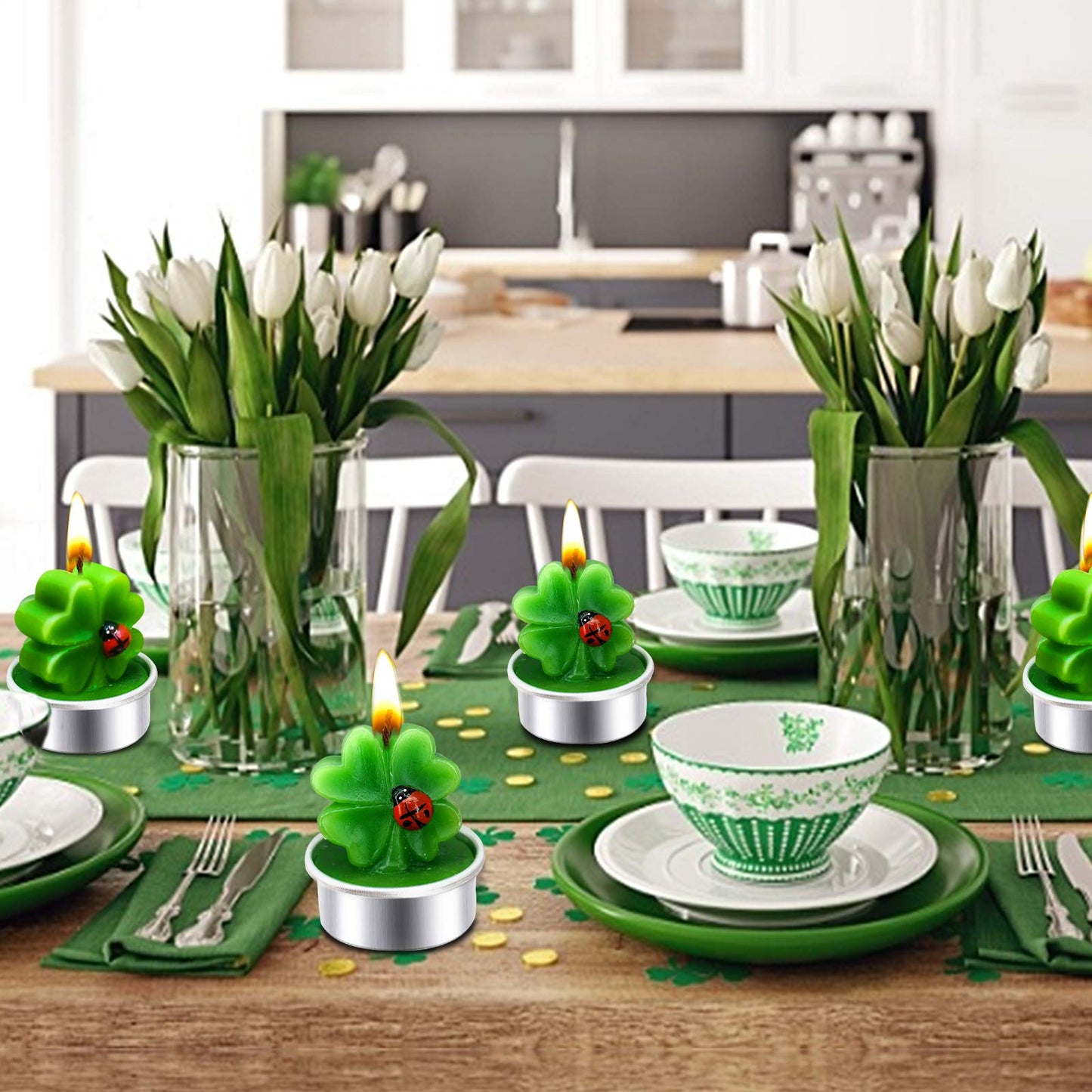 12 Pack St Patricks Day Decorations Green Tea Lights St Patricks Day Candles, Lucky Clovers Shamrocks Flameless Candle for St Patricks Day Accessories,St. Patricks Day Home Holiday Party Table Decor