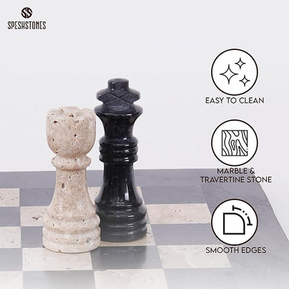 Marble Chess Set for Adults 12 Inch Black and Travertine Handmade Board Game with Storage Box Table Chess Set for Travel with Pieces &amp 2 Extra Queens Gifts &amp Home Décor