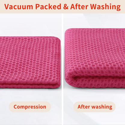 Homaxy 100% Cotton Waffle Weave Kitchen Dish Towels, Ultra Soft Absorbent Quick Drying Cleaning Towel, 13 x 28 Inches, 4-Pack, Hot Pink