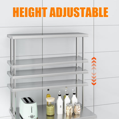 Garvee 12 in x36 in Stainless Steel Overshelf for Prep & Work Table, 360 LB Capacity Commercial 2 Tier Worktable Shelf, Adjustable Double Overshelf for Restaurant, Kitchen, Garage, Workshop
