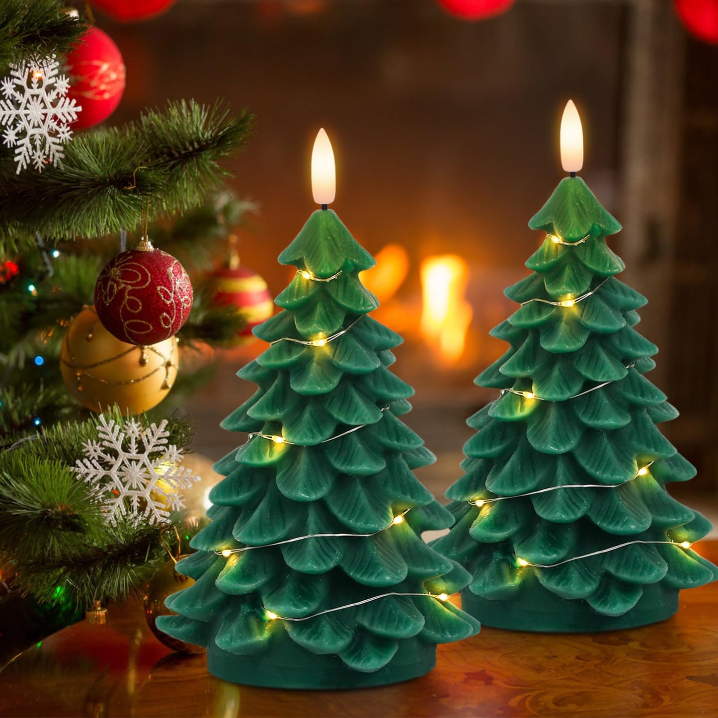 DRomance Christmas Tree Flameless Candles String Lights with 10-Key Remote and Timer, 2 Pack Green Real Wax Battery Operated 3D Wick LED Flickering Candles Dinner Holiday Indoor Decor(3" x 7.1")