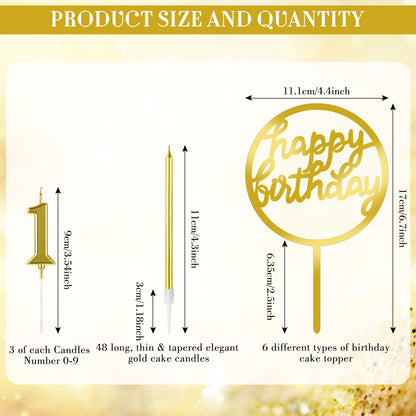 Shihanee 84 Pcs Birthday Cake Toppers Decorations Long Thin Metallic Birthday Candles Bulk Number Candles 0-9 DIY Cake Decor for Wedding Anniversary Party(Gold)