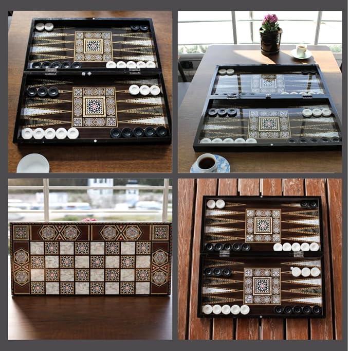Park&ampOz Pearl Premium Turkish Backgammon and Checkers Set 19 Inch Handmade 2 in 1 Wooden Board Game with Glossy Finish Luxury Checkers and Dice Travel Friendly and Foldable