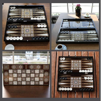 Park&ampOz Pearl Premium Turkish Backgammon and Checkers Set 19 Inch Handmade 2 in 1 Wooden Board Game with Glossy Finish Luxury Checkers and Dice Travel Friendly and Foldable
