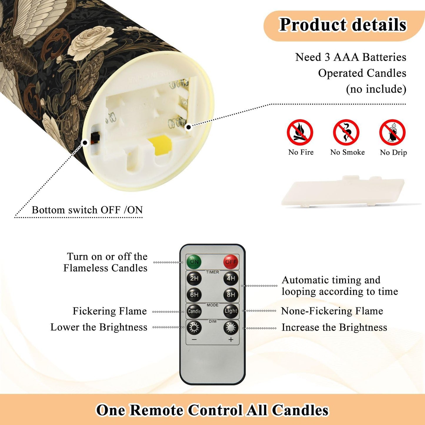 ALAZA Gothic Pattern Flameless Candles with Remote Timer,LED Flickering Battery Operated Electric Pillar Tea Light Candles for Wedding Table Christmas Decorations 3" x3.9"