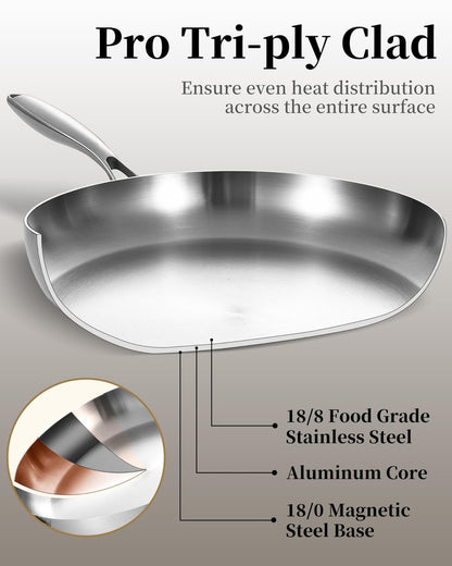 Bzayeat 14-Inch Tri-Ply Stainless Steel Frying Pan with Lid & Detachable Handle - Induction Compatible Skillet, Oven & Dishwasher Safe, Ideal for Frying, Sautéing & Simmering