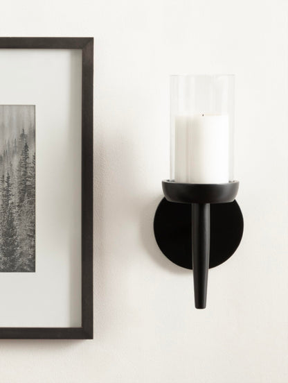 Kate and Laurel Shae Transitional Wooden Wall Sconce; 5 x 5 x 13; Black; Modern Candle Holder with Removable Glass Cylinder for Flameless Pillar Candles in Bedroom or Entryway