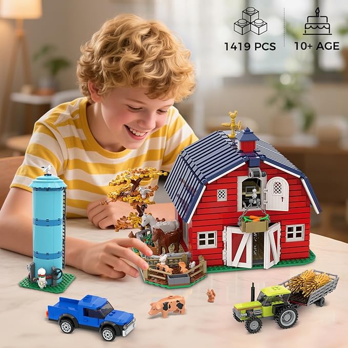 Western Farm Barn House Easter Building Set with Lights Newly Enhanced with Reinforced Structure 1434PCS Red Barn Building Toy with Animals Horse Tractor Windmill for Adults Boys Girls 10+