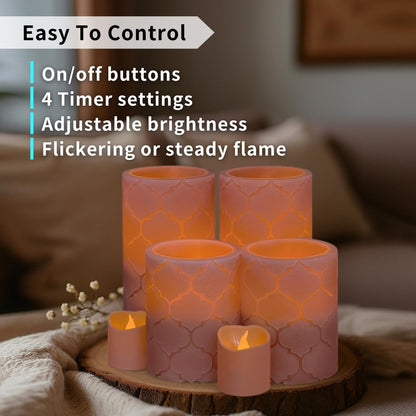 FURORA LIGHTING Dusty Rose Flameless Candles - Real Wax, Adjustable Brightness, Remote & Timer - 4 Pillars (3x4, 3x6) and 4 Votives, 8-Pack, Battery Operated
