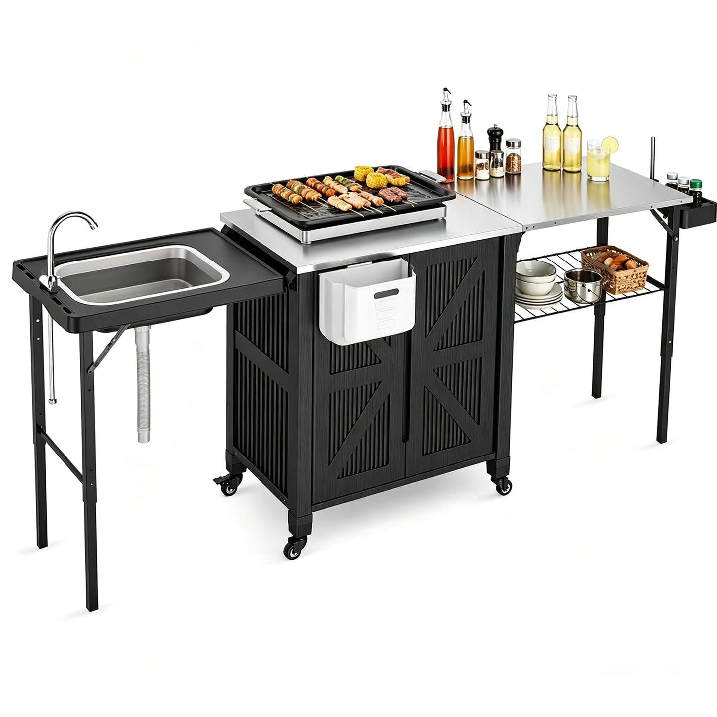 aoole Outdoor Grill Cart with Storage Cabinet, 3-in-1 Movable Kitchen Island Cart, Outdoor Grill Cooking Station with Stainless Steel Countertop&Rolling Wheels&Folding Side Tables for Backyard Patio