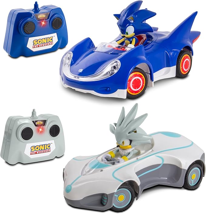 NKOK 1/28 Scale 2.4GHz RC Sonic 2PK RC Sonic &amp Silver Officially Licensed Full Function Radio Control Detailed 6.5” Vehicle and Character Grippy Tires Adjustable Front Wheels