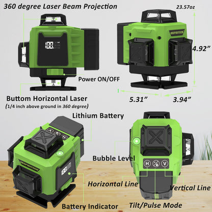 INSPIRITECH Laser Level 360 Self Leveling for Tiling Floor Wall Ceiling Construction, 4x360 Horizontal Vertical Cross Line Multi Surface Lazer Alignment, 4D Green Beam Laser Level for Picture Hanging