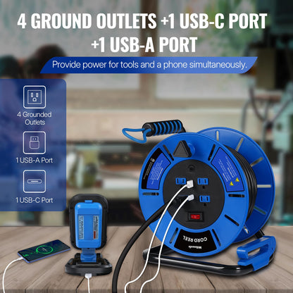 WILAWELS Extension Cord Storage Reel with 4-Grounded Outlets and 80 FT Retractable Extension Cord Reel Bundle, for Indoor Outdoor Use J95CR06-U80ACR06