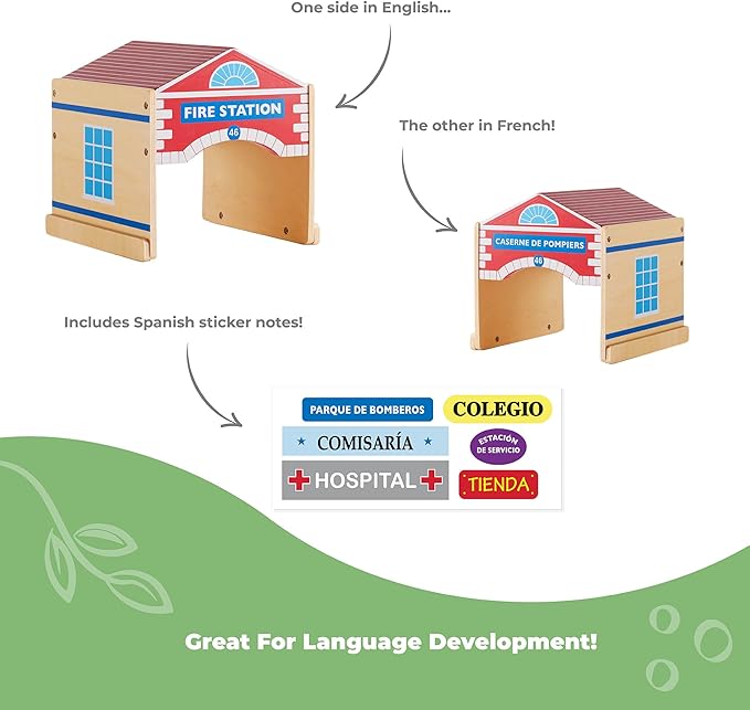 Guidecraft Community Buildings: Set of 6 Wooden Block Play Buildings (Fire Station Police Department Hospital School Grocery Store &amp Service Station)