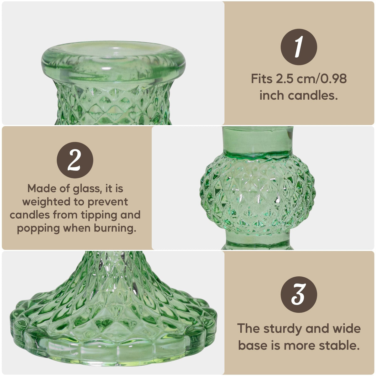 Glass Candlestick Holder Taper and Pillar Candle Holder, Desktop Decoration for Wedding Dinning Party-3 pcs(Green)
