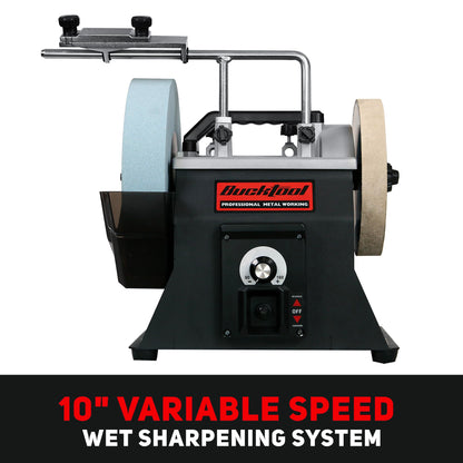 BUCKTOOL 10-Inch Variable Speed Wet Sharpening System, 1.2-Amp Two-Direction Water Cooled Wet Stone Grinder 90-160RPM, Wet Bench Grinder for Knife, Chisel, Knife, Axe, SCM8103