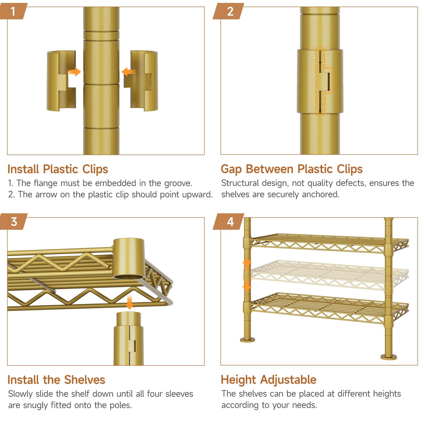 Wall Mounted Garment Rack, Walk-in Closet System with 2 Expandable Rods, 6 Adjustable Shelves, Industrial Pipe Clothing Racks, Hanging Clothes Organizers and Storage, Metal Closet Shelving Gold