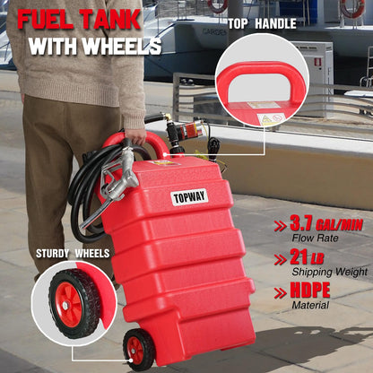 TOPWAY 16 Gallon Portable Fuel Gas Tank Container Caddy with 12V DC Electric Gasoline Diesel Fuel Self-priming Transfer Pump for Cars, Lawn Mowers, ATVs, Boats & More