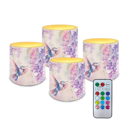 NETILGEN Purple Floral Hummingbird Flameless LED Candles Pack of 4 Color Changing Battery Operated Flickering LED Pillar Candles with Remote Timer Control