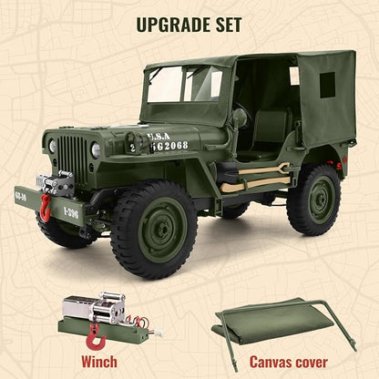 Remote Control Truck Off Road - 4x4 1/10 Scale Willys Army Rock Crawler RC Truck with Winch&ampCar Cover 40Mins Play Time All Terrain Offroad RC Car Military Vehicle Toys for Boys Radio Controlled