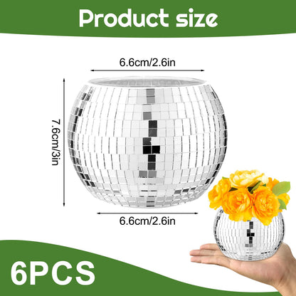 6 Pcs Silver Mirror Disco Vase - 3" X 4" Disco Ball Vase for Centerpieces, Glass Planter Candle Holder for Wedding, Birthday, Party, Office, Bedroom
