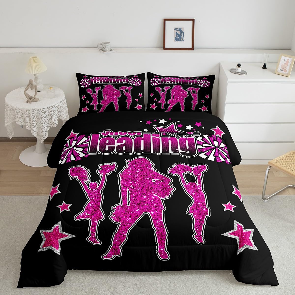 Cheering Team Comforter Set Twin Size,Gymnastics Cheerleading Bedding Set 2Pcs,Kids Girls Women Teens Bedroom Decor,Glitter Stars Rose Pink Quilted Duvet Black Fashion Duvet Insert,1 Pillowcase