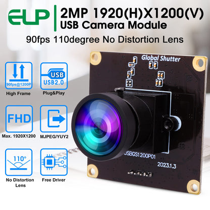 ELP High Speed Wide Angle Global Shutter USB Camera Module for Computer 1080P Mini UVC USB2.0 Webcam Board with 110degree No Distortion Lens AR0234 High Frame 90fps Web PC Camera Board for Laptop