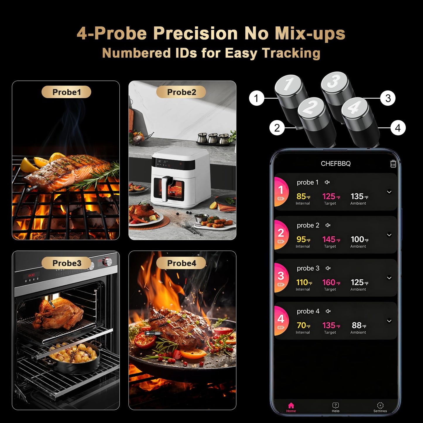 TASTYTI Wireless Meat Thermometer Digital with 4 Probes - 800FT Bluetooth Food Cooking Thermometer, Dual Sensors with NIST Certified Accuracy, Standalone Base for Kitchen Grill BBQ Oven Smoker