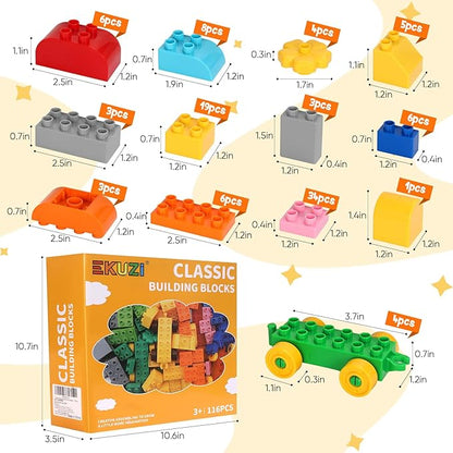 Creative Building Blocks - 116 Pieces Large-Size Blocks Build Train Animal Ideal STEM Toy for 3 Year Old Kids