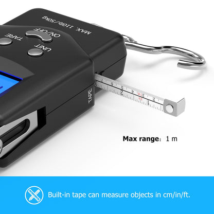 Dr.meter Fish Scale Luggage Scale - PS01 110lb/50kg Backlit LCD Display Digital Scale with Built-in Measuring Tape - Fishing Scale with 2 AAA Batteries, Pocket Size - Fishing Gifts for Men