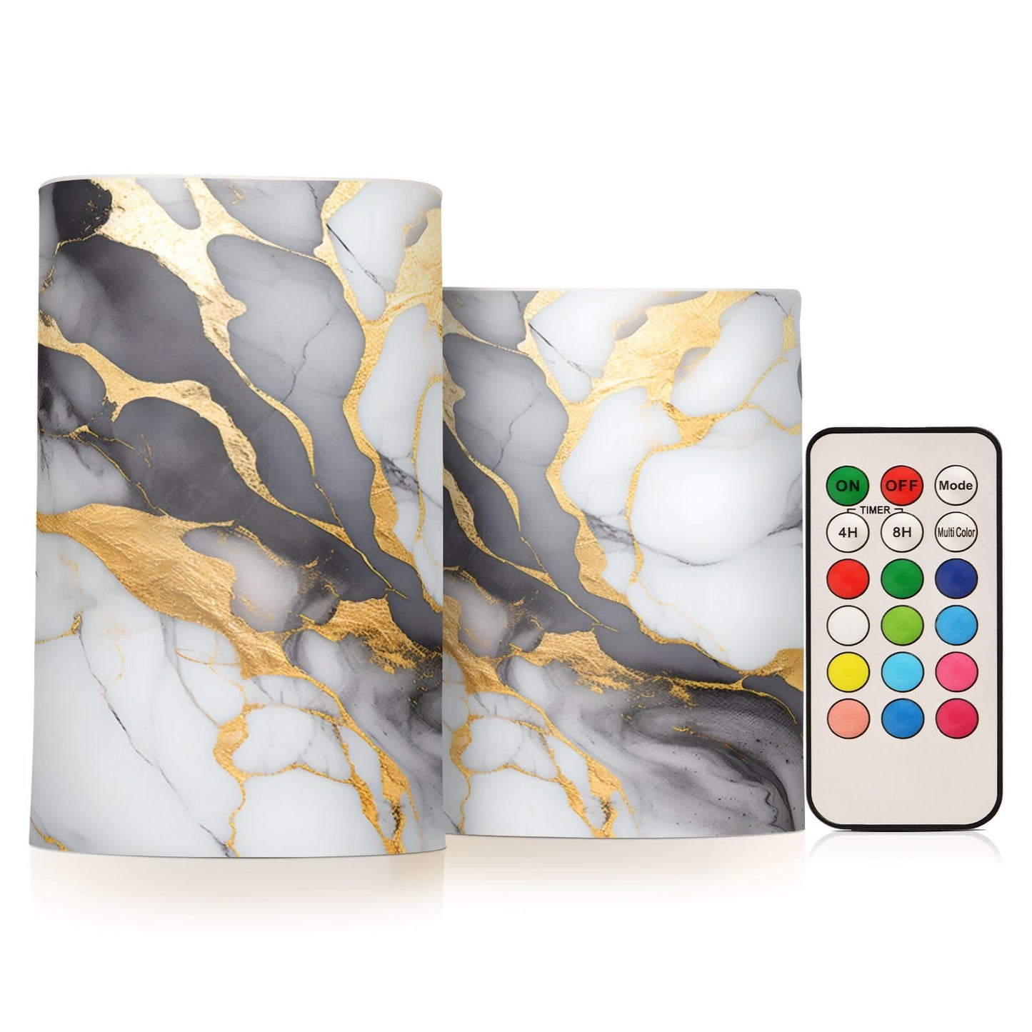 ALAZA White Grey Gold Marble Textures Flameless Candles, LED Pillar Candles with Remote Timer, Battery Operated Candles Set of 2