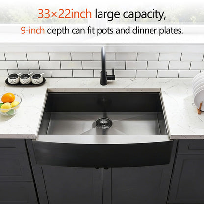 HOTIS 33 Inch Black Farmhouse Sink, Undermount Gunmetal Black Workstation Apron Front Kitchen Sink, 33 x 22 Stainless Steel Farm Sink 16 Gauge 9 Deep Single Bowl Kitchen Sink with Cutting Board