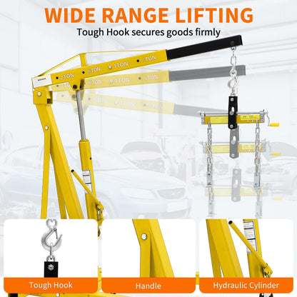2 Ton Folding Hydraulic Engine Hoist with Load Leveler 4400 LBS Capacity Heavy Duty Cherry Picker 6 Swivel Wheels&Hydraulic Pump Adjustable Boom (0.5T-2T) for Garage Workshop Warehouse Yellow