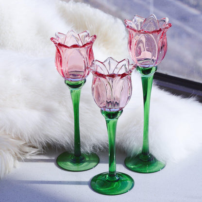 VOHO Pink Tulips Candle Holder, Romantic Pink Flower Votive Candle Holders for Wedding Bridal Shower Decorations, Tall Tealight Candle Holder Decor for Centerpiece Table(Set of3)