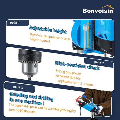 Bonvoisin Mini Benchtop Drill Press, 6 Variable Speed Drilling Machine for Craft and Home Improvement, 1200W Electric Drill Press 2800RPM Max Speed