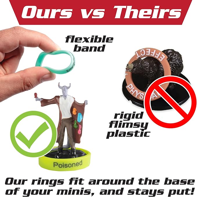 Deluxe Condition Rings w Wooden Case (64 Rings for Standard &amp Large) - 16 Conditions DND Flexible Design- Easy Affix Base Slides Under Figure- Works with Dungeons Dragons Pathfinder &amp All RP