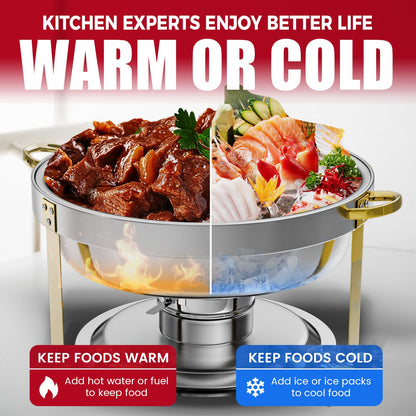 IMACONE Chafing Dish Buffet Set of 4, 5QT Round Stainless Steel Chafer for Catering, Upgraded Chafers and Buffet Warmer Sets w/Food & Water Pan, Lid, Gold Frame, Fuel Holder for Party Wedding Holiday