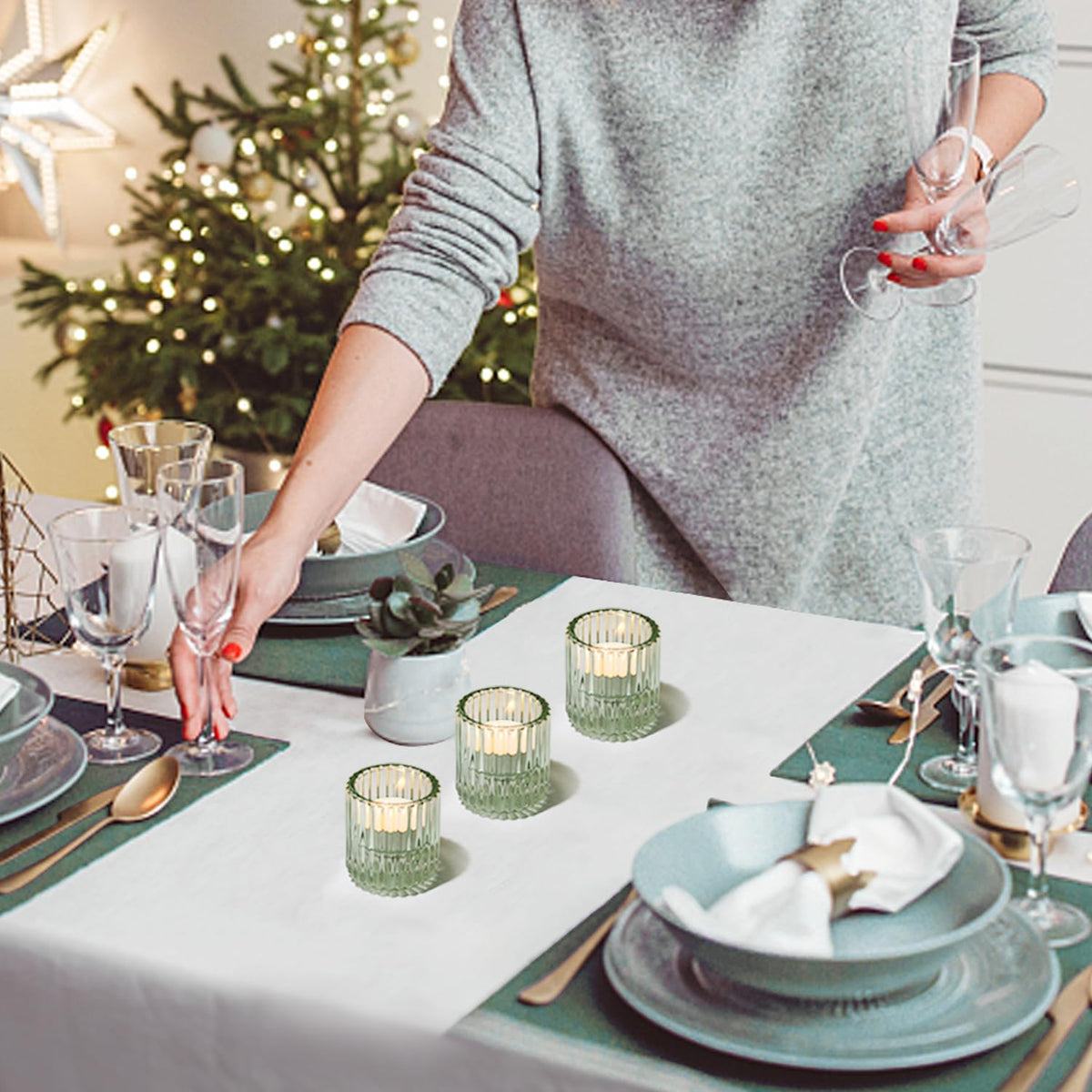 CHOCSTAY Reversible Green Glass Candle Holder Set of 6, Thick Heat-Resistant Glass Candlestick Holders for Taper, Tealight, Votive, LED Candles, Perfect for Wedding, Party, Home Décor