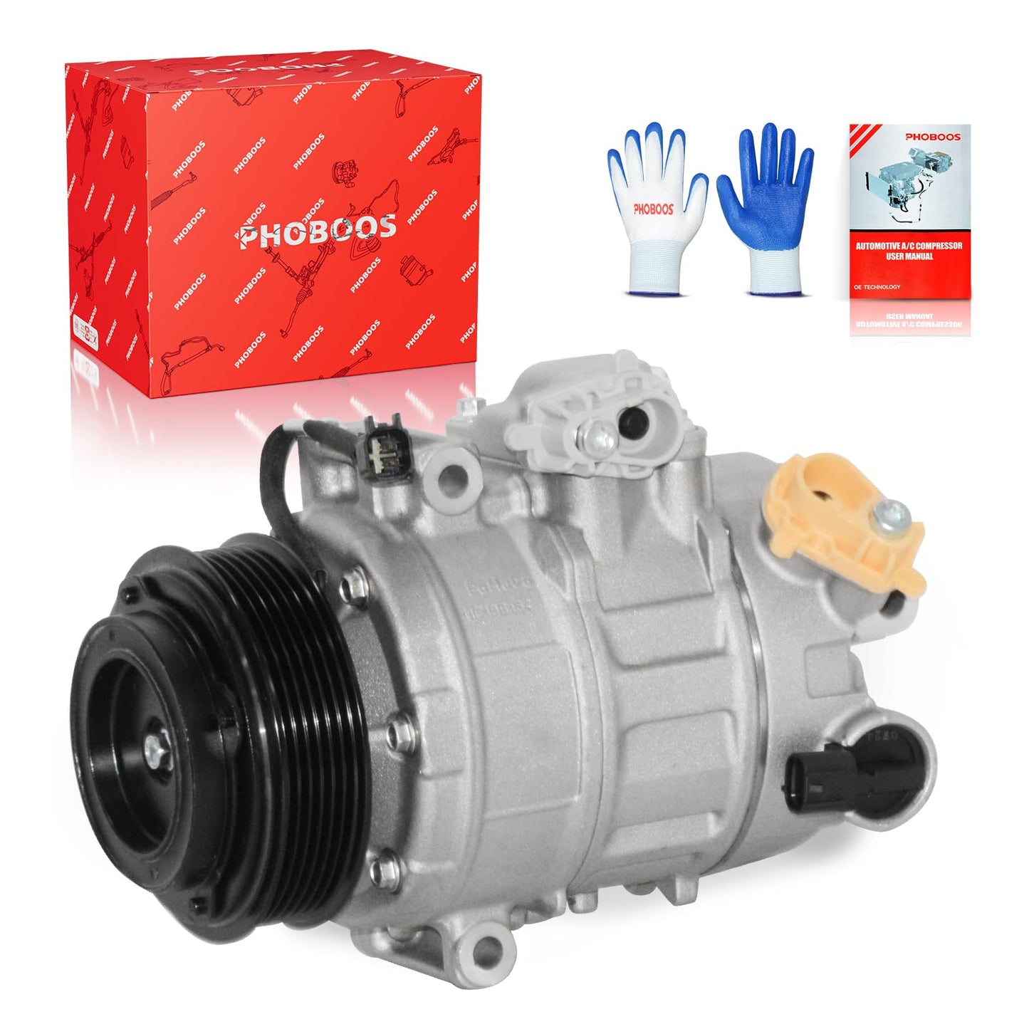 PHOBOOS A/C Compressor with Clutch Compatible with Ford Explorer, Flex, Taurus, Police Interceptor & Lincoln Continental, MKS, MKZ, MKT 2013-2020, 3.5/3.7L, Fast Cooling, Low Noise, Ref.198358