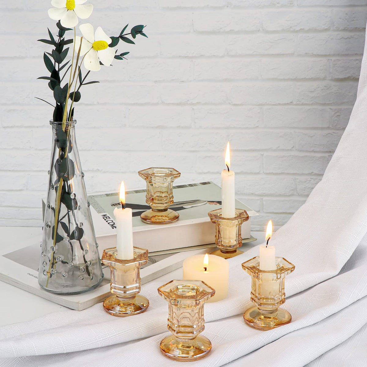 Lanttu 12 Pcs Gold Glass Candle Holders Set, Candlestick Holders Bulk, Taper Candle Holders for Wedding, Festival Table Centerpiece,Home Decoration