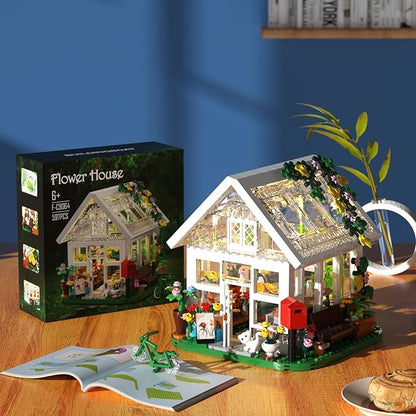 Flower House Building Set Creative Garden Playset Toy with LED Light Build a Greenhouse Model Great Gift for Friends or Girls (597 Pieces)
