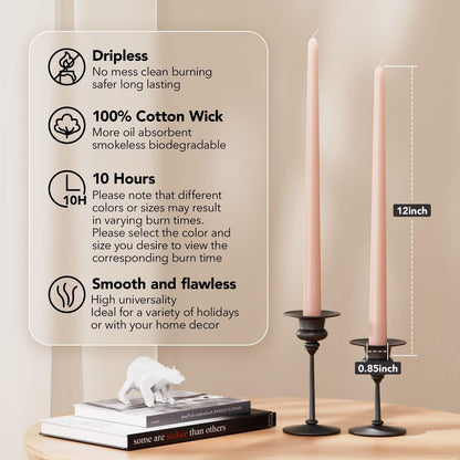 Pickood 12-Inch Tall Dripless Taper Candles Set of 4 - Pearl Pink Tapered Candles, Perfect for Christmas - Smokeless, Unscented, Long Burning - Hand Poured, Colored Tall Candlesticks - Rosa Perla