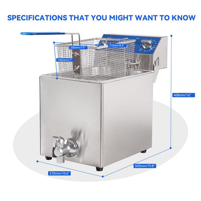 TOPKITCH 8.5Qt Electric Fryer with Oil Drain,30 Minutes Timer,Stretch forming oil tank,Lid and Solid Wire Mesh Basket,Medium Duty Commercial Electric Countertop Deep Fryers-120V,1800W