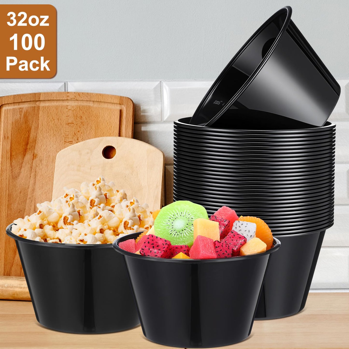 Newtay 100 Pcs 32 Oz Disposable Plastic Bowls Stackable Salad Bowls Large Serving Soup Tableware Candy Bar Containers for Party Salad Bar Buffet Serving (Black)
