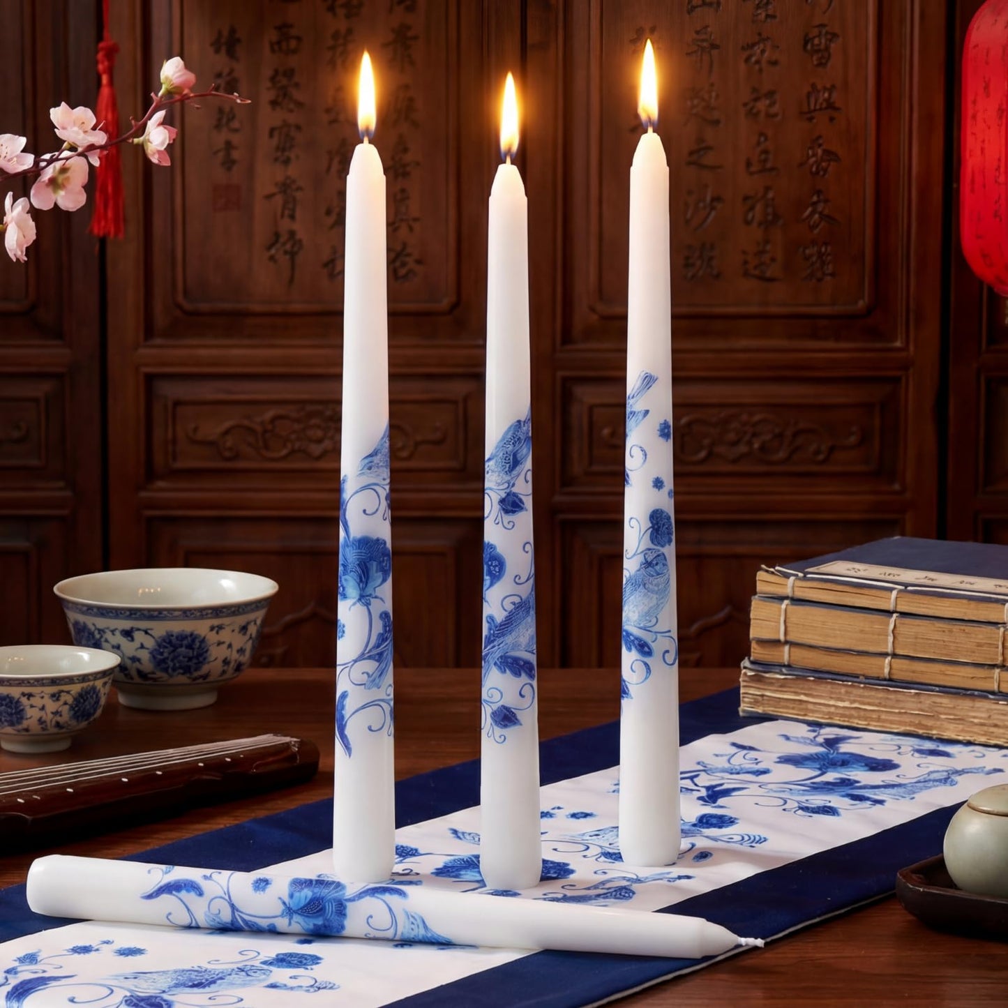 Conelist 4 Pcs Chinoiserie Taper Candles Blue and White Decorative Chinoiserie Porcelain Candlesticks 10 Inch Long Unscented Bridal Wedding Shower Candles for Christmas Party Gift Home Decor
