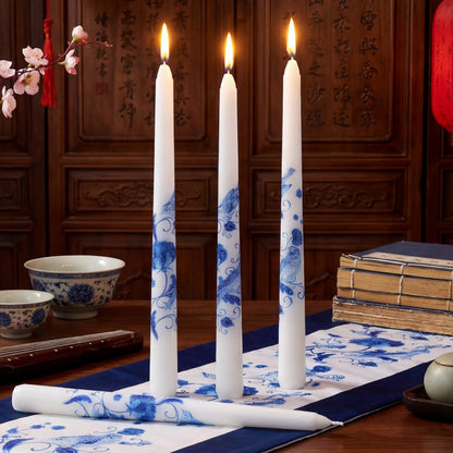 Conelist 4 Pcs Chinoiserie Taper Candles Blue and White Decorative Chinoiserie Porcelain Candlesticks 10 Inch Long Unscented Bridal Wedding Shower Candles for Christmas Party Gift Home Decor
