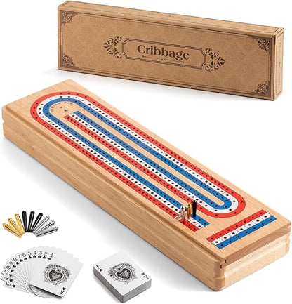 Cribbage Board Game Set with Large Storage Area Solid Wood 3 Track Cribbage Board 9 Metal Pegs 2 Playing Cards and Instruction. Portable Travel Board Game for All Ages.