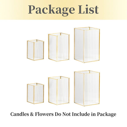 Hewory Gold Hurricane Candle Holder: 6 PCS Ribbed Hurricane Glass Candle Holders for Pillar Candles, Square Pillar Candle Holders for Table Centerpiece Wedding Christmas, Home Decor for Kitchen Patio