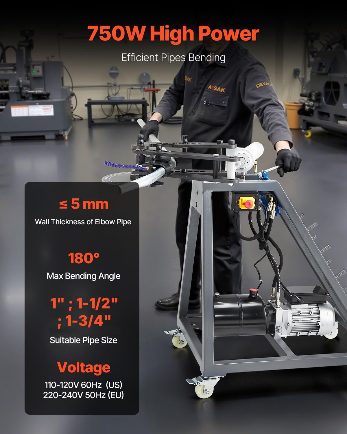 VEVOR Electric Tube Bending Machine, 750W Electric Tubing Bender with 6L Hydraulic Cylinder, Movable Pipe Bender Machine with 3 Dies & 180° Max Bending Angle, Suitable for 1", 1-1/2", 1-3/4" Pipes